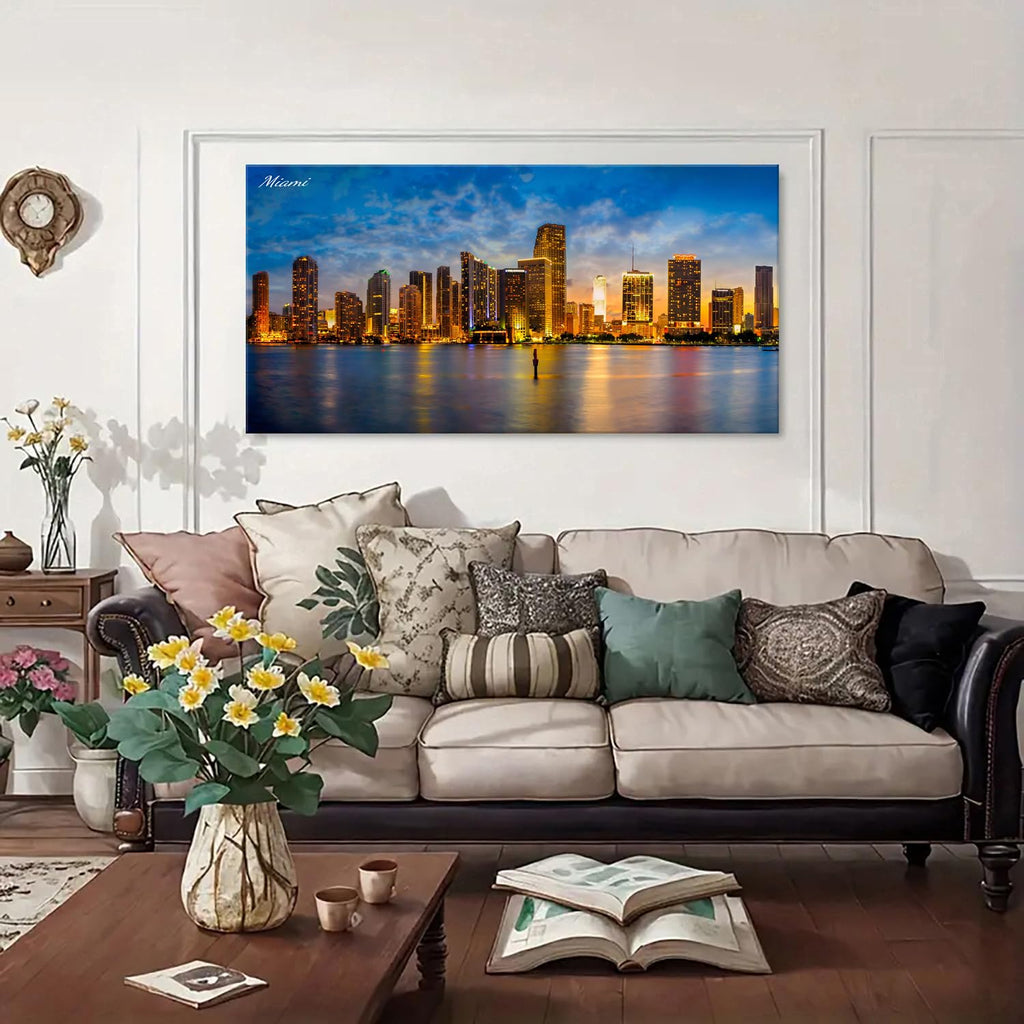 Florida Miami Canvas Wall City Skyline Poster Modern Cityscape Canvas Prints Picture Office Decorations Blue Night