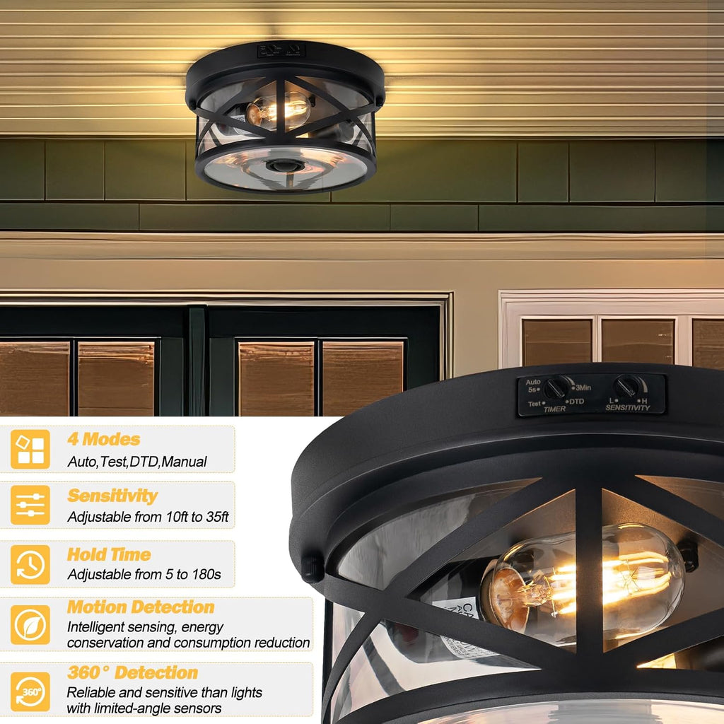 Motion Sensor Outdoor Ceiling Light, Adjustable Black Flush Mount Light Fixture, 2-Light Porch Lights Outdoor