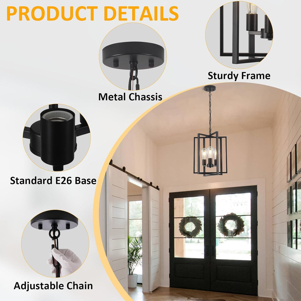 Black Farmhouse Modern Chandelier Light Fixture for Dining Room, 3 Light Rustic Kitchen Island Metal Pendant Hanging