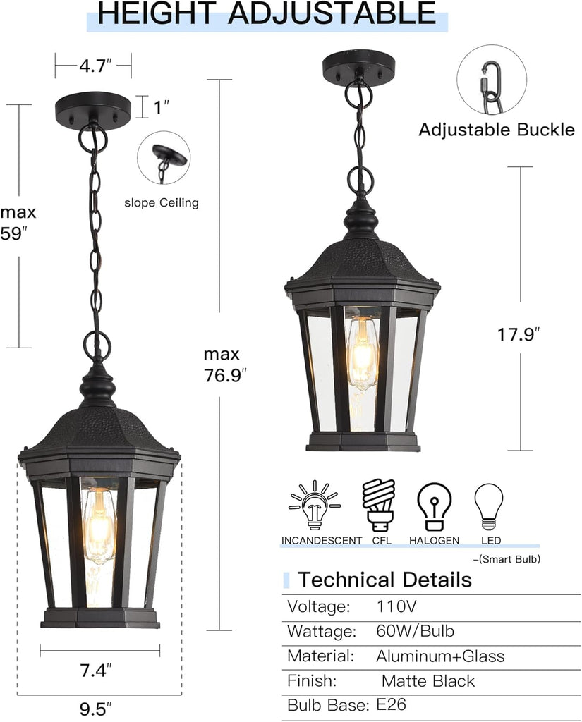 Large Outdoor Pendant Light Fixtures, 17.9" H Black Exterior Hanging Lantern Lights