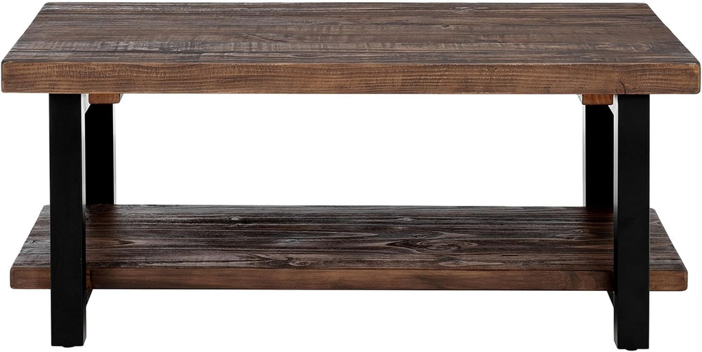 Pomona Living Room Collection - 42 Inch Rectangular Solid Wood Coffee Table with Storage Shelf & Metal Legs