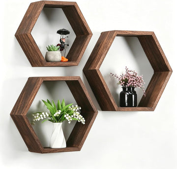 Hexagon Floating Shelves, Set of 3 Wall Mounted Honeycomb Display Shelf, Wood Hexagonal Hanging Storage Bedroom