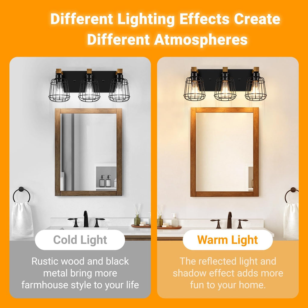 3-Light Bathroom Light Fixtures, Wood Bathroom Wall Lights, Modern Bathroom Vanity Light with Cage Metal Shade
