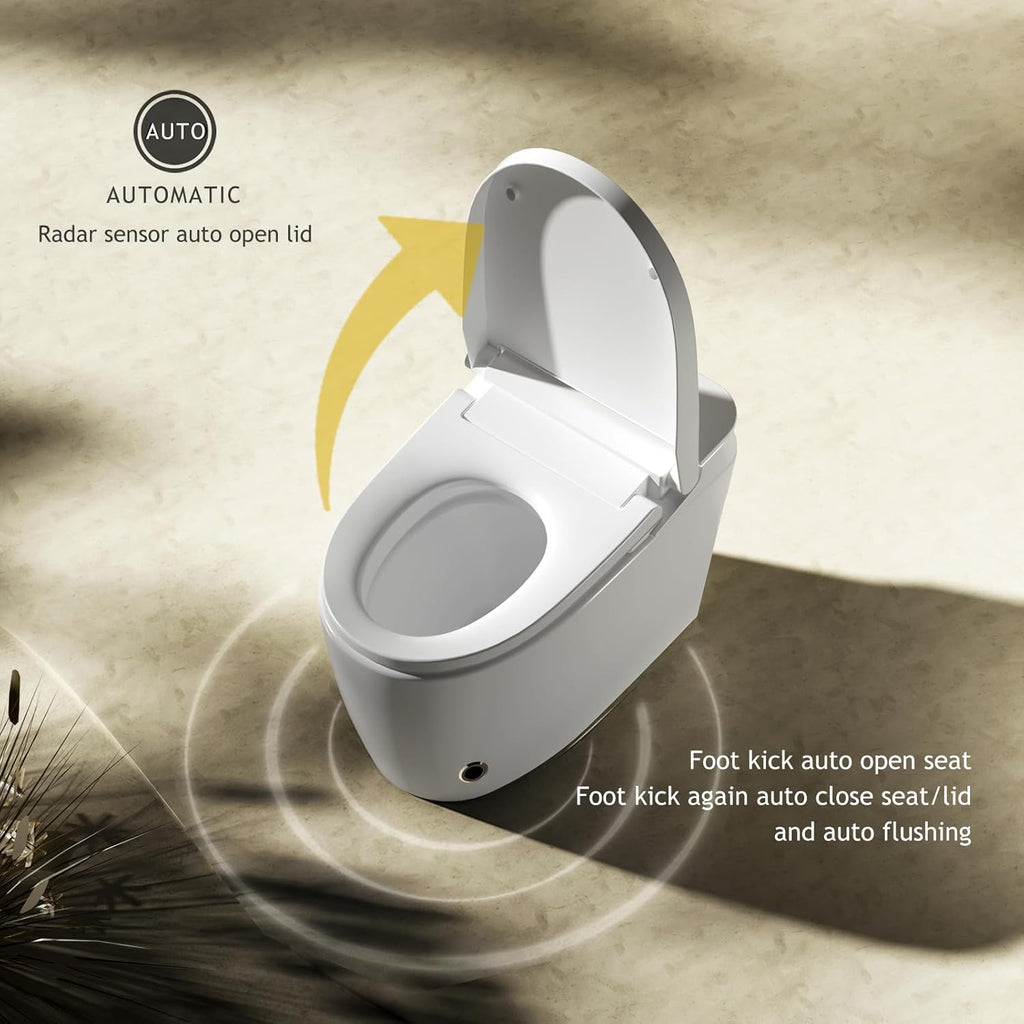 Modern Smart Tankless One-Piece Toilet with Built-In Bidet, Auto Open and Close Lid, Heated Seat, Warm Air Dryer, Night Light, Remote Control, Elongated White