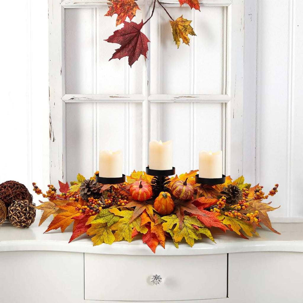 Fall Centerpiece Table Decorations, 27.5'' L Assorted Artificial Pumpkins, Berries, Maple Leaves and Pine Cones