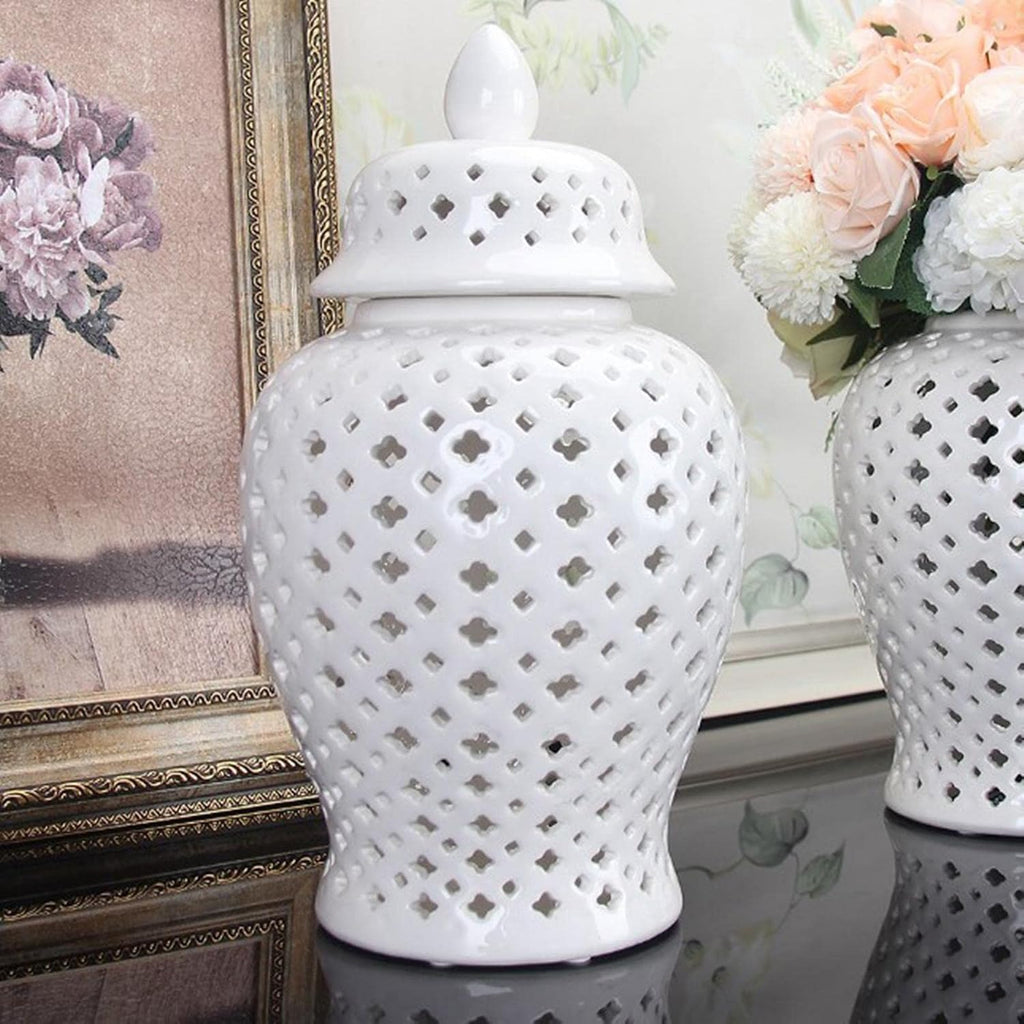Ceramic Ginger Jar Display Lattice Hollow Vase Temple Storage Handicraft Ornament for Desktop Office Countertop Decor