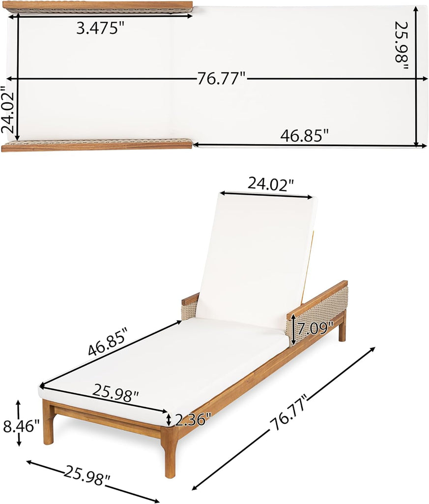 Outdoor Acacia Wood Lounge Chair with Adjustable Backrest, Patio Chaise Lounge with Cushions and Light Grey Wicker