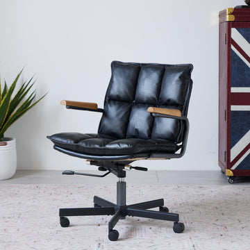 Office Desk Chair, Ergonomic Mid-Century Modern Genuine Leather Chair, Executive Rolling Swivel Adjustable Task