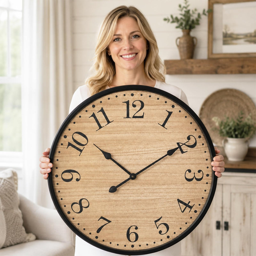 30 Inch Rustic Farmhouse Wall Clock, Large Silent Wooden Wall Clock with Natural Wood Grain Face & Black Metal Frame