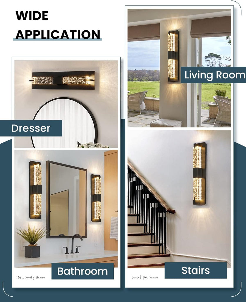 LED Wall Sconce Light: 19 Inch Black Modern Sconces Wall Lighting 3000K Dimmable Crystal Wall Lamps Indoor Bathroom