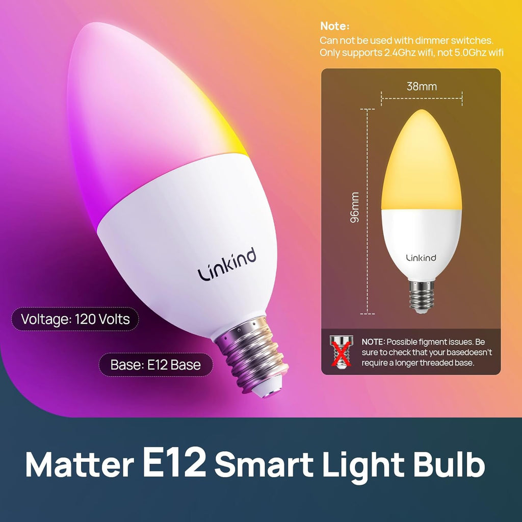 Matter Smart Bulbs, E12 Led Bulb Works with Alexa/Apple Home/Google Home, Smart Light Bulbs, WiFi Candelabra B11 (4 Pack)