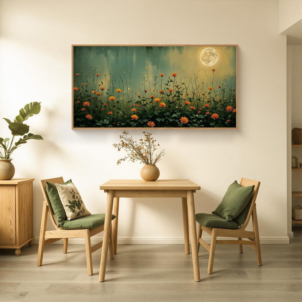 Mystical Midnight Wildflower Framed Canvas Wall Art Set,Moonlit Orange Floral Wall Decor,Nature Inspired Landscape