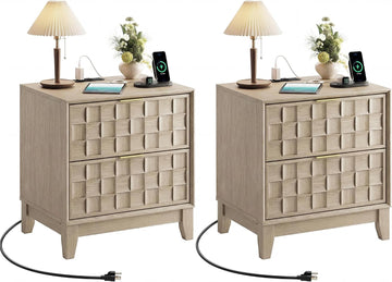 Night Stand with Charging Station Set of 2, Modern Nightstand Bedside Table, Wooden 2 Drawers Dresser, with