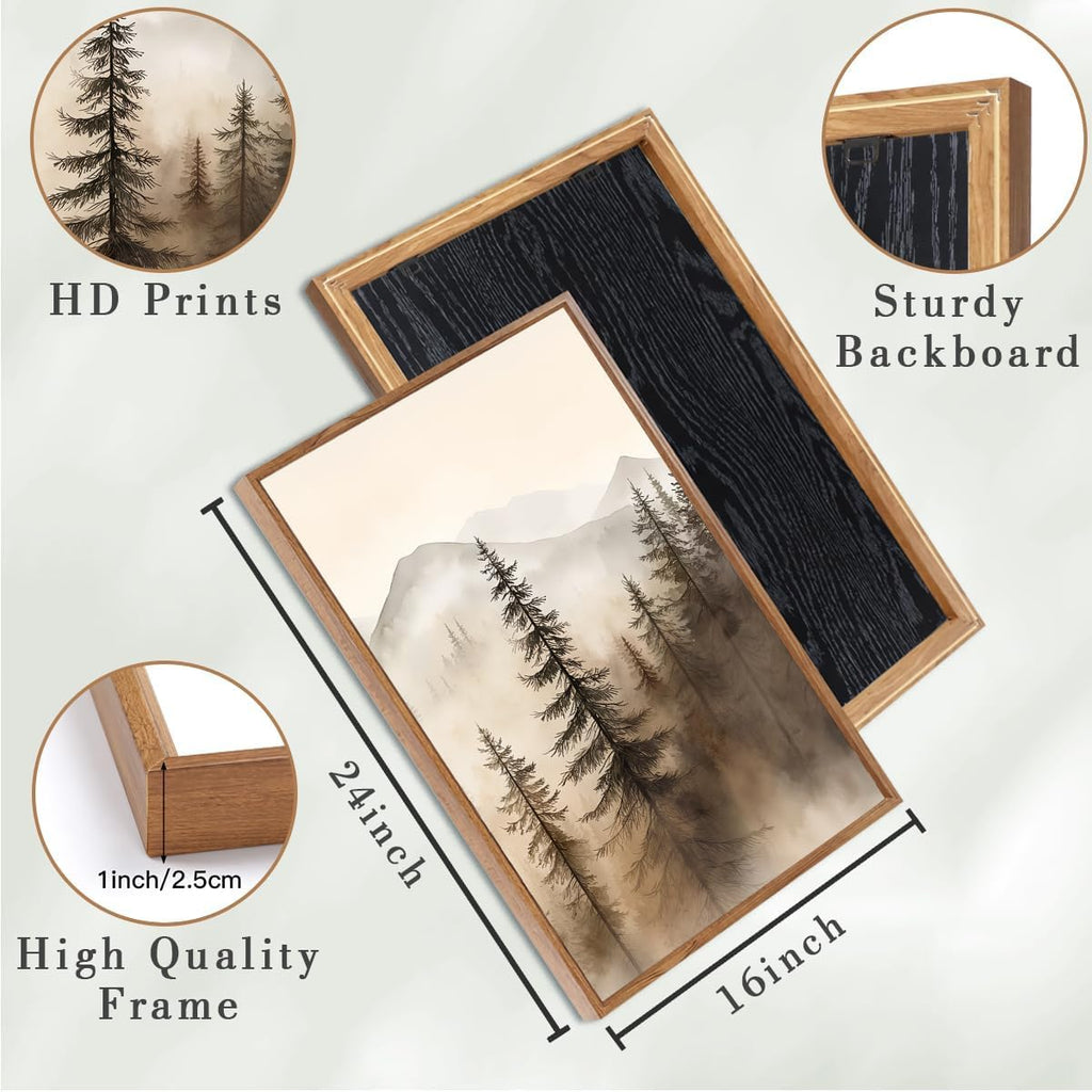 Large Mountain Forest Framed Canvas Wall Art 16x24 Inch Set of 3 Abstract Misty Woodland Painting Modern Farmhouse