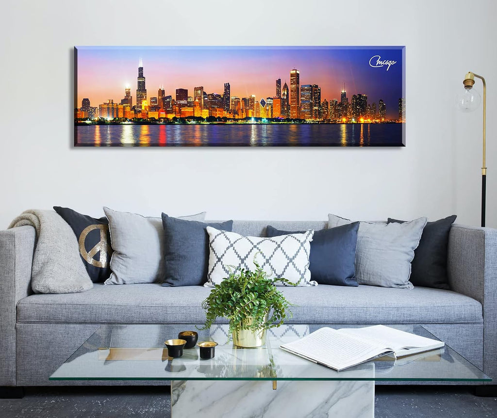 Chicago Skyline Wall Art Canvas Prints, Framed, 13.8"x45.3" | Cityscape USA City Building, Panoramic Night View