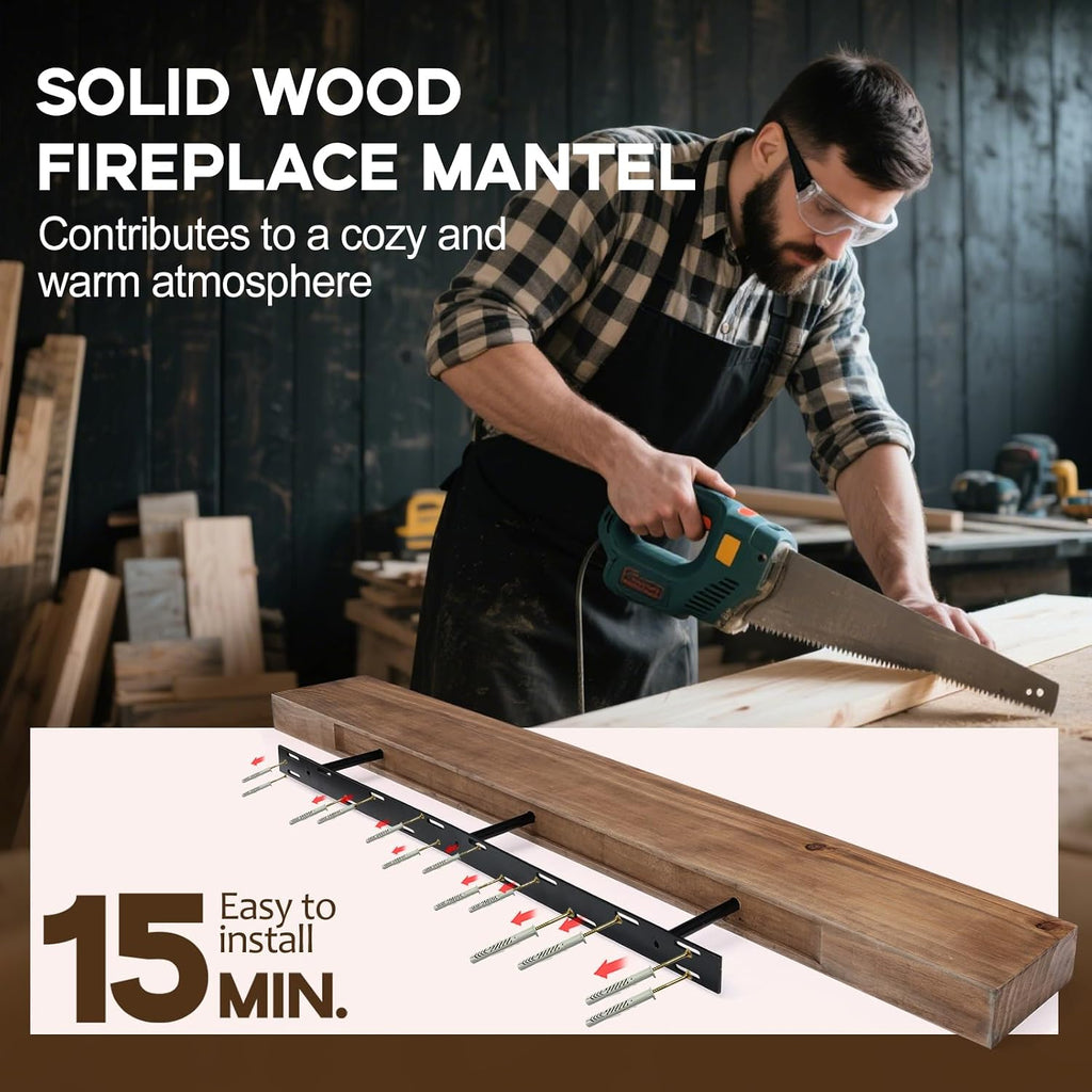 60" Solid Wood Floating Fireplace Mantel Shelf, Rustic Dark Oak
