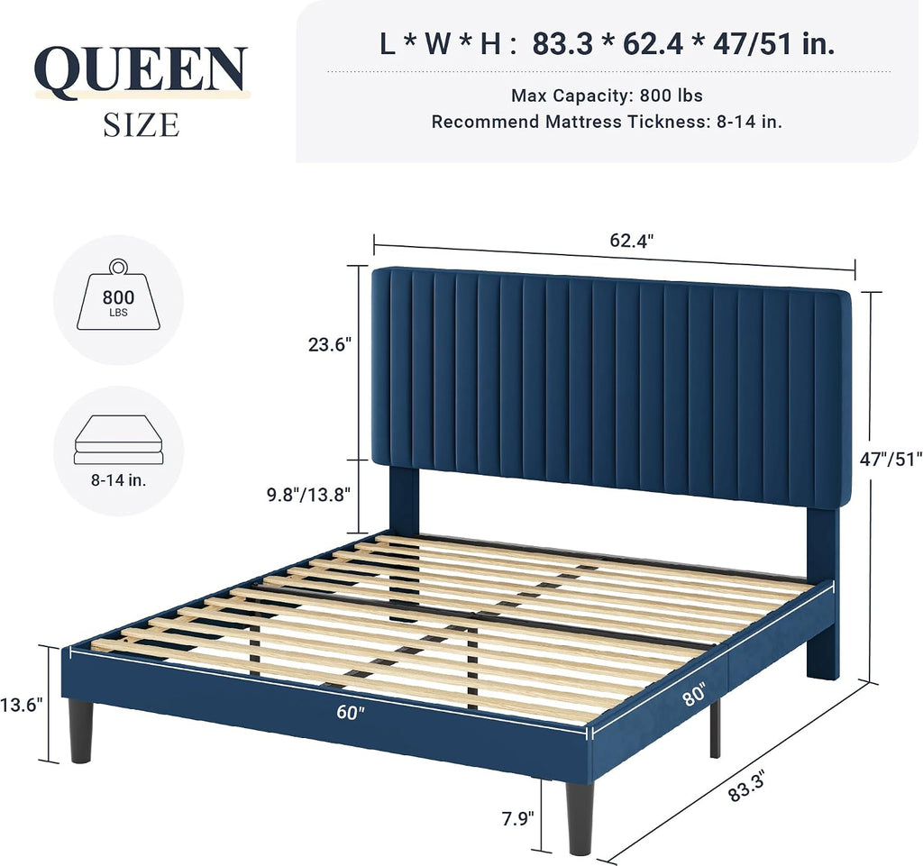 Queen Bed Frame, Velvet Upholstered Platform Bed with Adjustable Vertical Channel Tufted Headboard