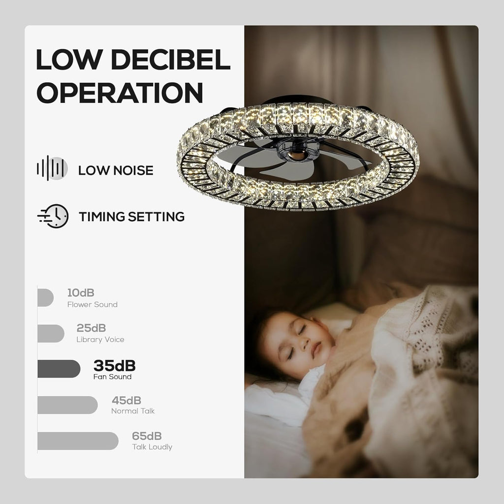 Crystal Ceiling Fan with Light and Remote, 22" Luxury Dimmable Chandelier Ceiling Fan, Modern LED Fan