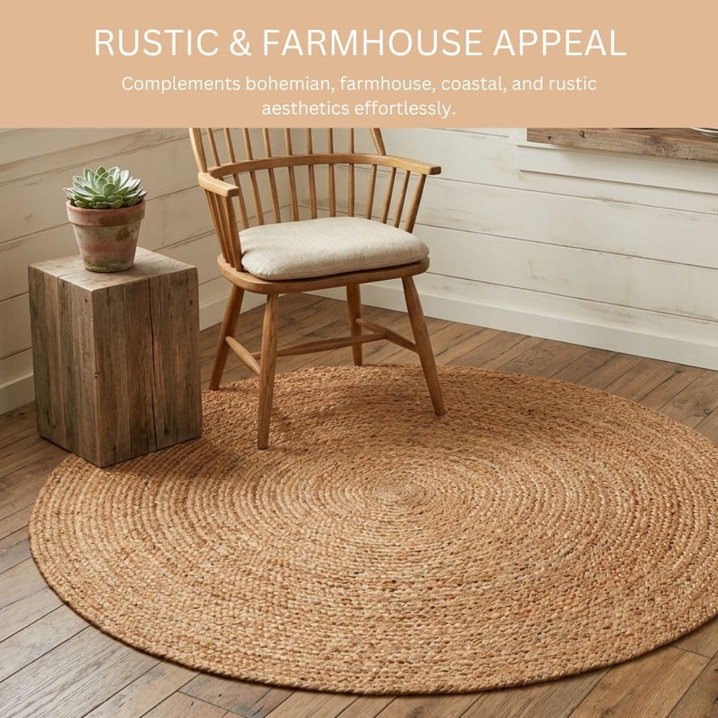 Handcrafted Jute Braided Rug Round - 100% Natural Jute Area Rug - Rustic Farmhouse Boho Accent Rug for
