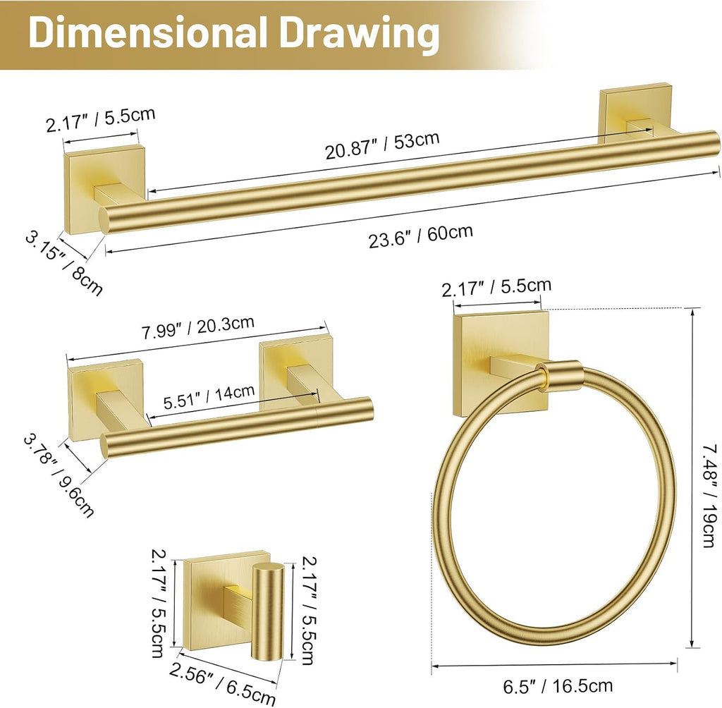 Brushed Gold 5 Piece Bathroom Hardware Accessories Set, SUS304 Stainless Steel Bath Towel Bar Set, 24 Inch Round