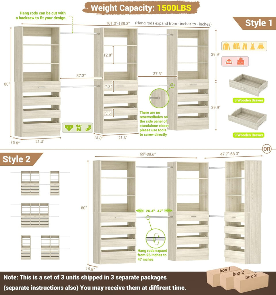 Closet System with 12 Drawers, 8.5-11.5Ft Wood Closet Organizer System with 4 Hanging Rods & 3 Towers, 4Ft & 6Ft