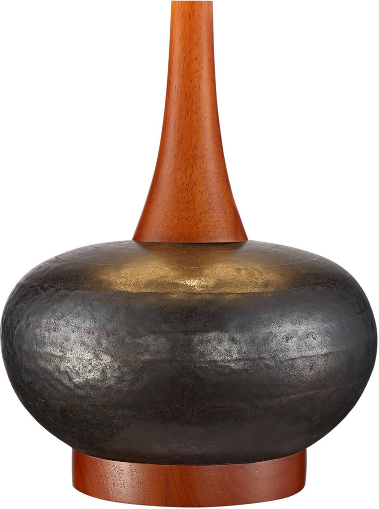 Andi Mid Century Modern Table Lamp 24.5" High Hammered Bronze Ceramic Wood Off White Tall Drum Shade Bedroom House