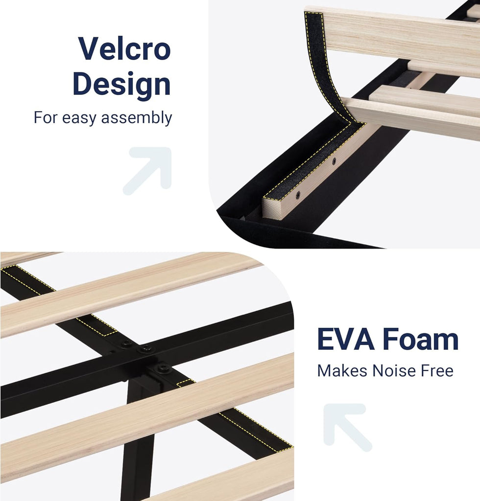 King Platform Bed Frame with Velvet Upholstered Headboard and Wooden Slats Support