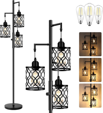 Dimmable Farmhouse Floor Lamp, Industrial Floor Lamp with 3 X 6W LED Bulbs, 3 Light Rustic Standing 
