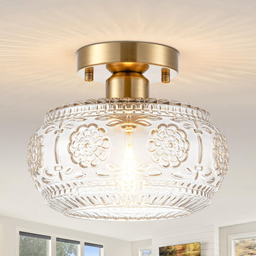 Semi Flush Mount Ceiling Light Fixture -Brass Base & Floral Glass Shade, Vintage Lighting (Bulb Not Included)