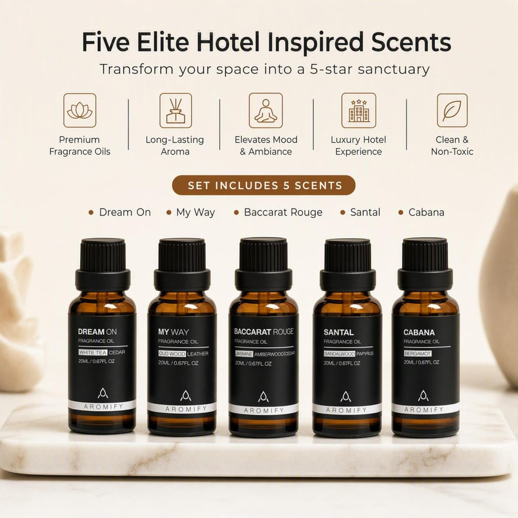 Diffuser Oil Gift Set, 5 Pack of 20ML (0.67 FL OZ) | Hotel Scent Diffuser Oils, Dream On, My Way, Baccarat Rouge