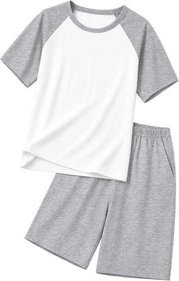 Boys Pajamas Set Two Piece Cotton Sleepwear Kids Short Sleeve Top and Shorts PJS Set with Pockets