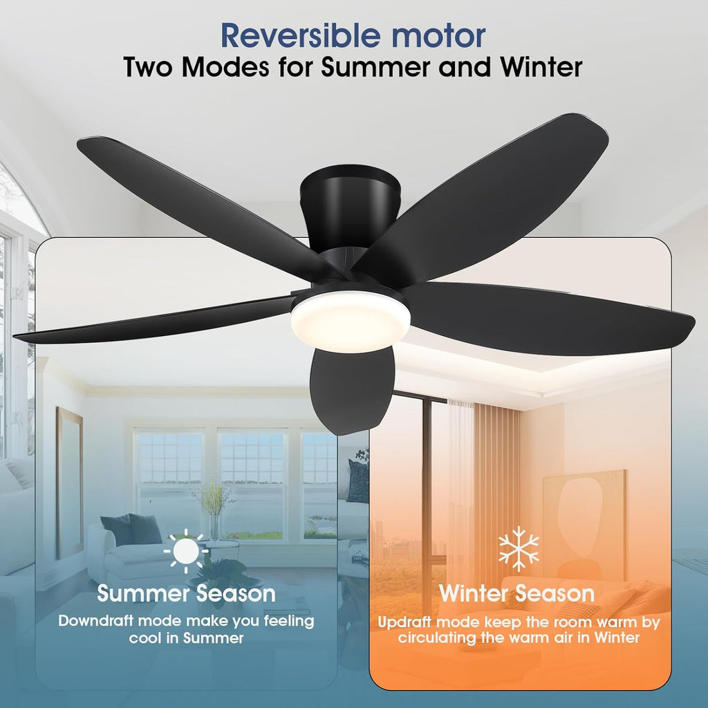 42" Ceiling Fans with Lights-Low Profile Ceiling Fan with Light and Remote/APP Control,Flush Mount,DC Reversible,LED Dimmable Black Ceiling Fans for Bedroom,Indoor/Outdoor Patio Use