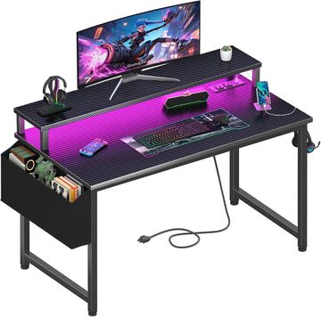 Gaming Desk with Power Outlets and LED Lights, 40 Inch Gamer Desk Table with Charging Station, Home Office Computer