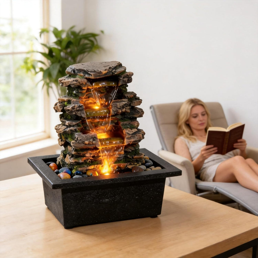 Tabletop Water Fountain, Home Décor Soothing Sound Machine with Automatic Pump, Deep Basin and Natural River Rocks.