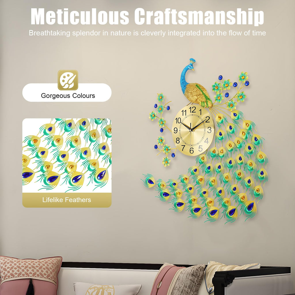 29.5" Large Peacock Wall Clock Crystal Decor, 3D Creative Luxury Wall Clock Silent Non-Ticking Battery Operated