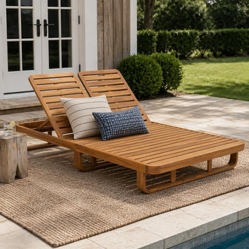 Double Acacia Wood Chaise Lounge with Dual Adjustable Backrests, Patio Outdoor Chaise Lounge, Wooden Sunbathing Pool