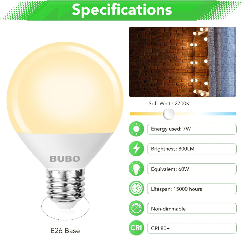 Vanity Light Bulbs for Bathroom Over Mirror, 60 Watt Equivalent, Soft White 2700K, G25 Globe Light Bulb 800 Lumens (6 Pack)