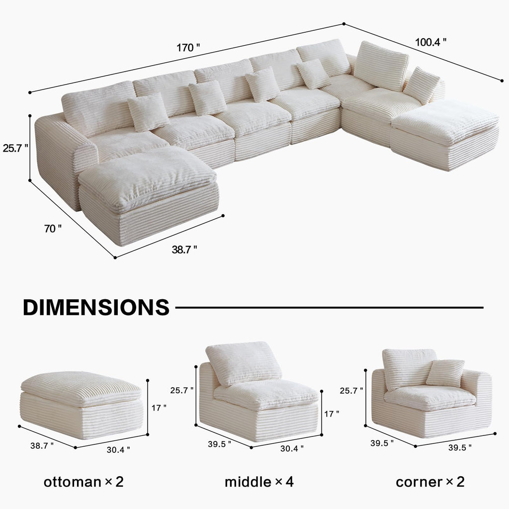 170" Large Cozy Sectional Couch, Couches, Beige, Soft