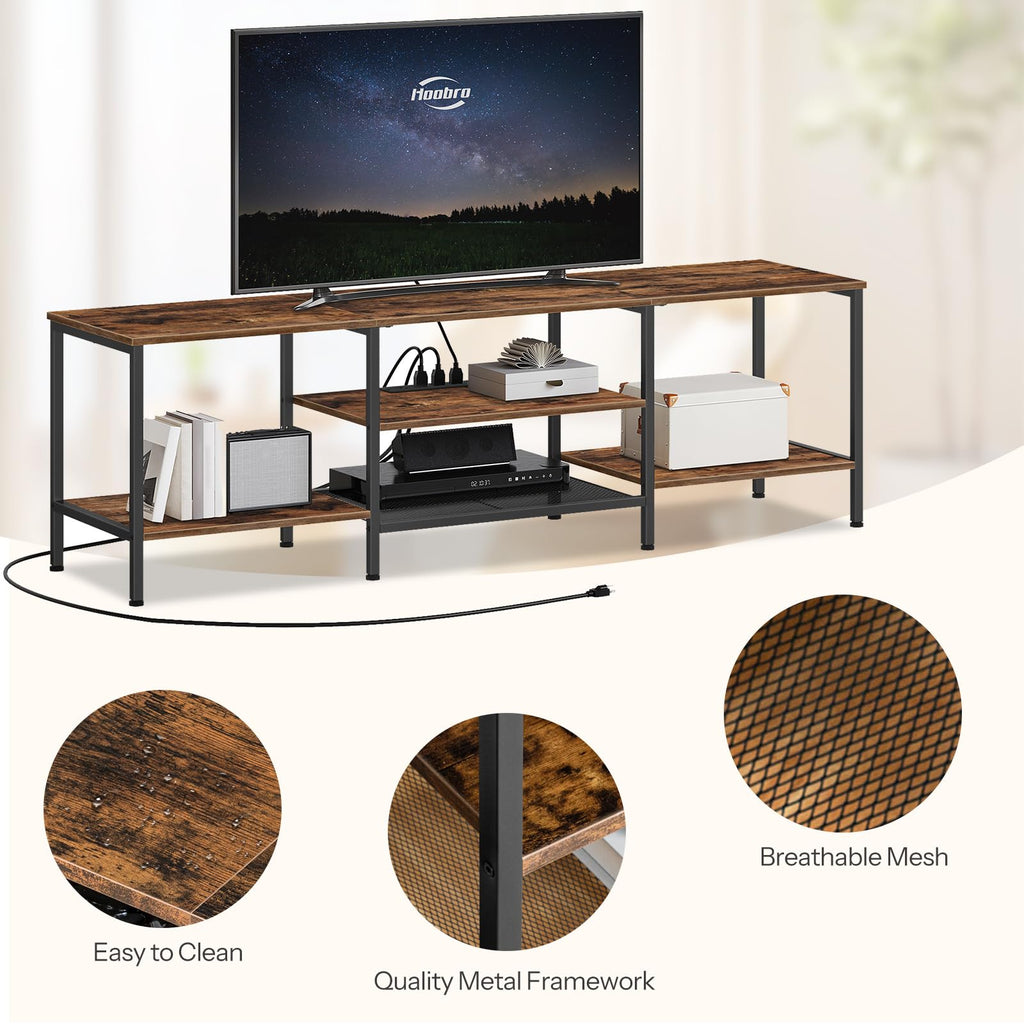 TV Stand with Power Outlets to 75 Inches, TV Console Table with Open Storage Shelves Cabinet, Industrial Media