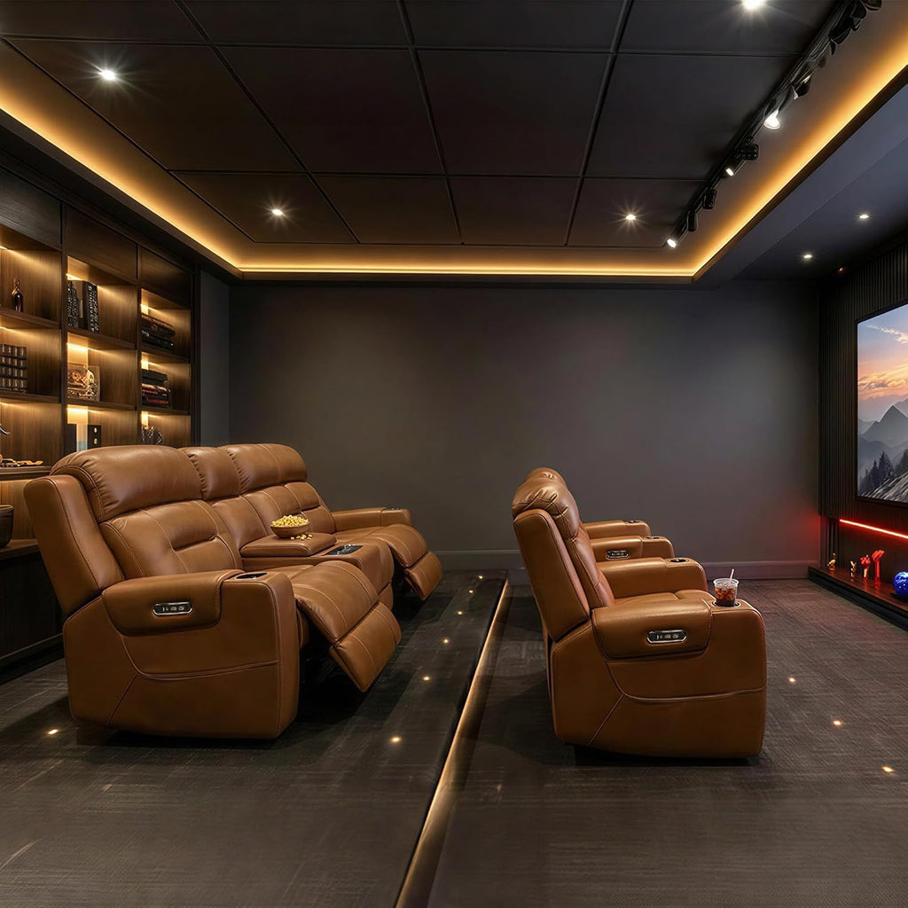 Genuine Leather Power Recliner Chairs for Adults, Lay Flat Recliner with Power Headrest, USB Ports and Cup Holders