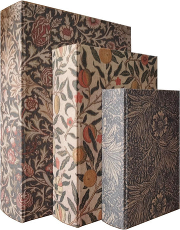 Wooden Book Box Set of 3 - Vintage Floral Designs with Linen Fabric Covers and Magnetic Closure, William Morris Style