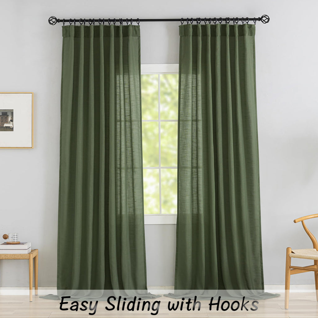 Olive Linen Back Tab Curtains 144 Inches Extra Long Ceiling to Floor for Villa Rustic - 2 Panels Hooks Belt Pinch