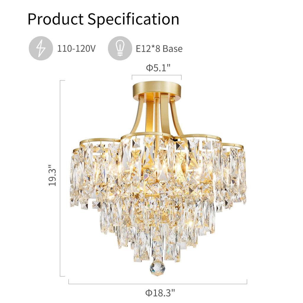 Crystal Chandelier Semi-Flushmount Ceiling Light Modern Lighting Fixture Hallway Entry Kitchen Bathroom, H 19.3" x W