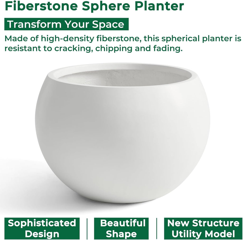 19.3"Dia x 13"H Large Fiberstone Sphere Planter, White Round Pot | 15" Opening, Drainage Hole & Plug, Wheathered