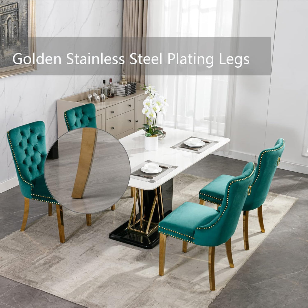 Velvet Dining Chairs Set of 6, Upholstered Dining Room Chairs with Back Ring Pull Trim and Golden Stainless Steel