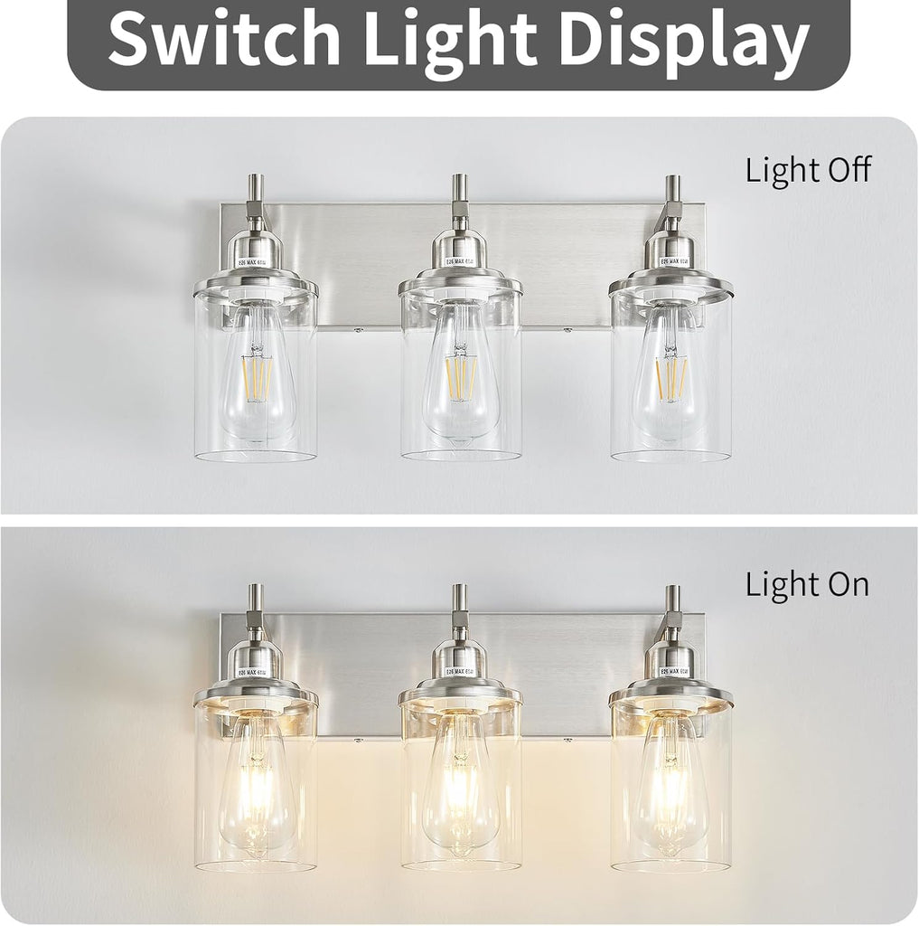 3-Light Brushed Nickel Bathroom Light Fixture Over Mirror Modern Bathroom Vanity Light Vintage Wall Lighting with
