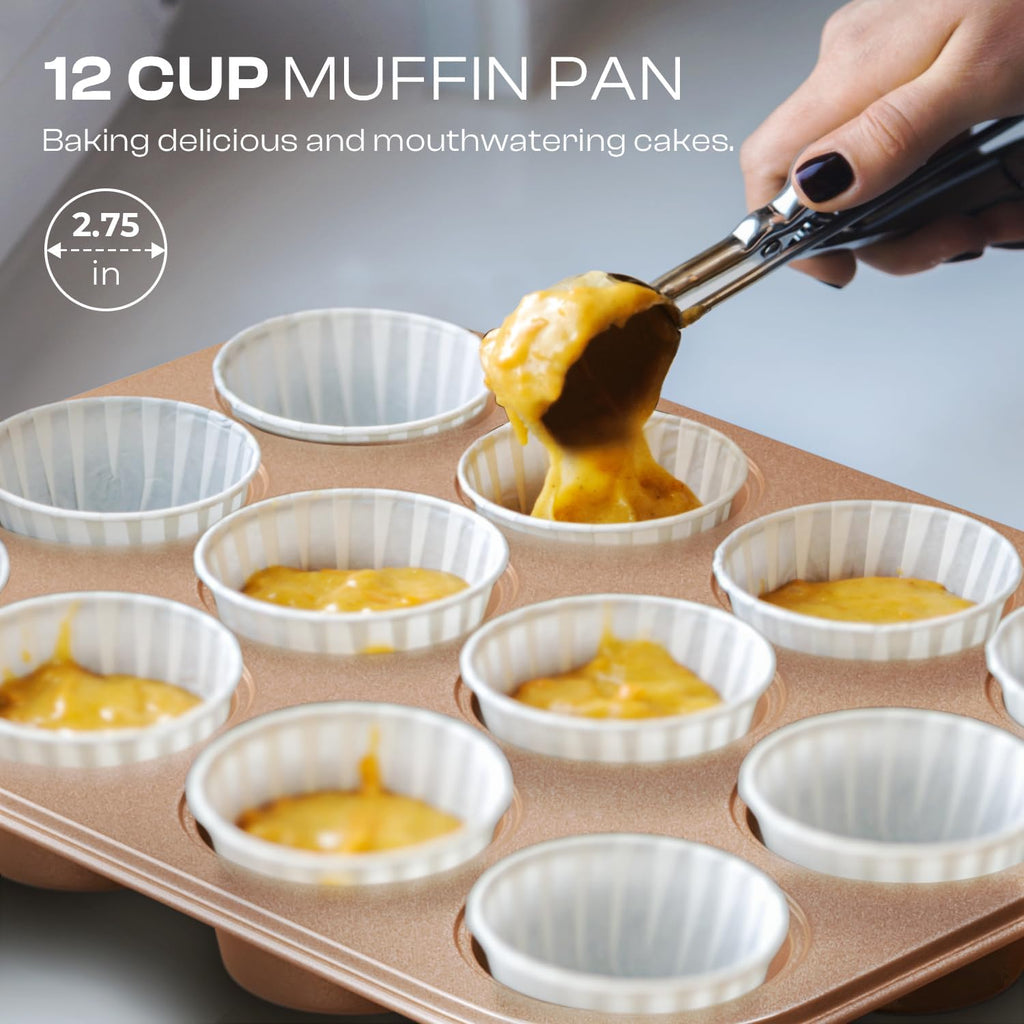 12-Piece Nonstick Bakeware Set with Pan - Ceramic Coated Gold | Set with Pan, Cake Pan, Muffin Pan, Loaf Pan, Square