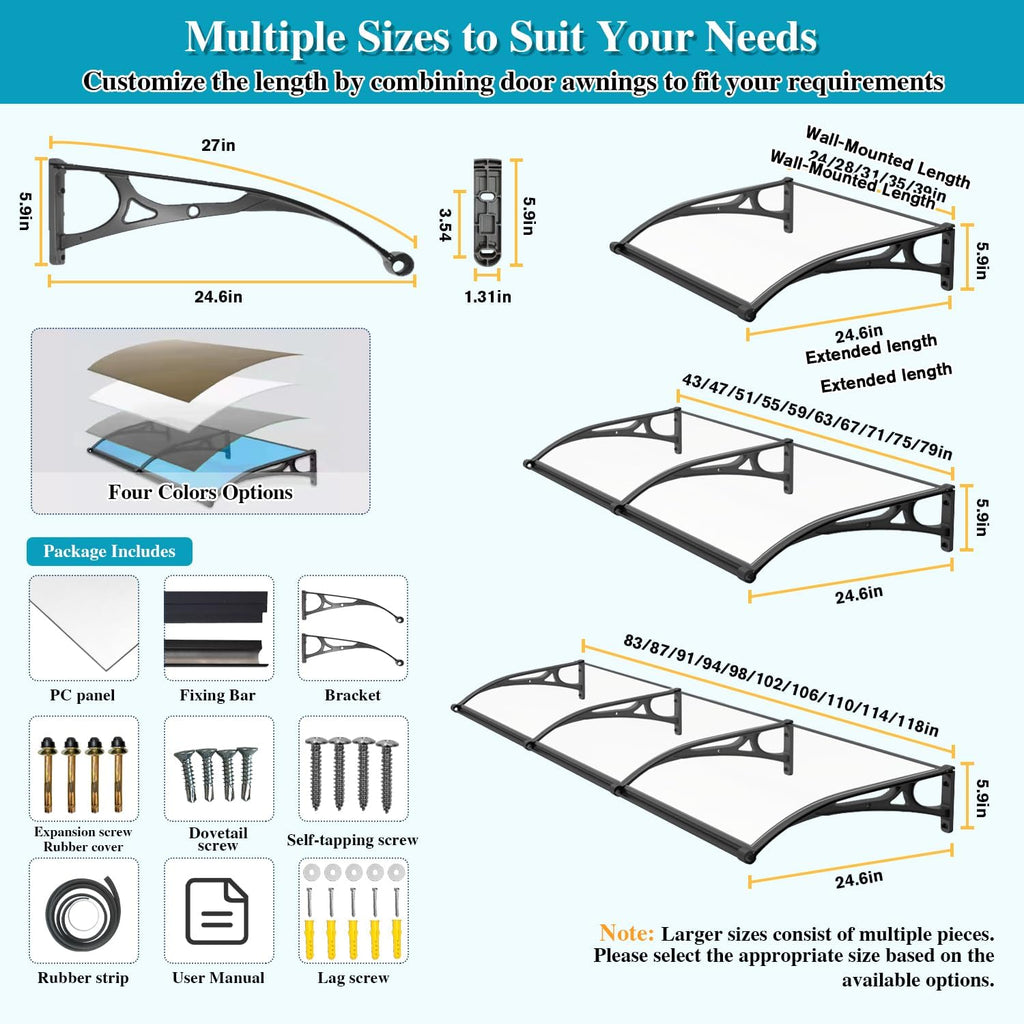 Awning for Door Entrance, Window Awnings Exterior with Aluminum Bracket, UV, Rain & Snow Protection, Durable