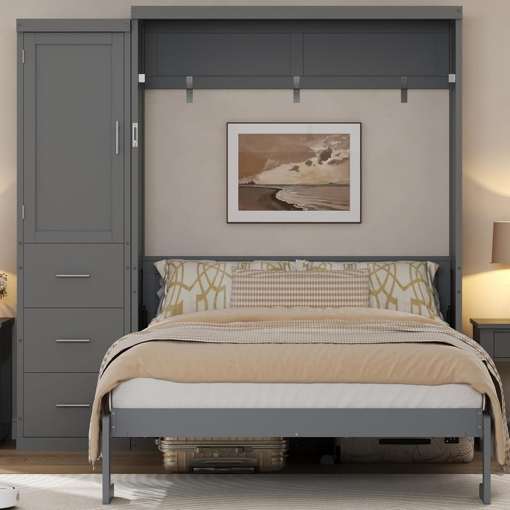 Full Murphy Bed with Storage Cabinet, Foldable Space-Saving Wood Wall Bed Frame with Wardrobe and 3 Drawers, Hidden