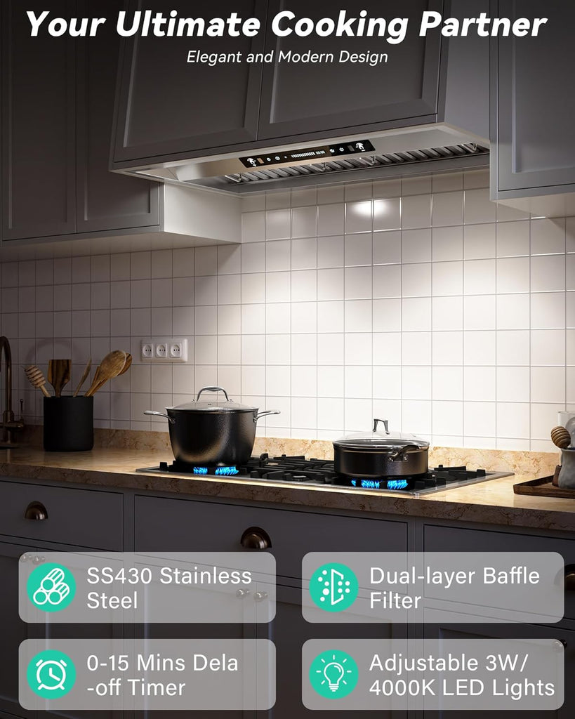 42 Inch Stainless Steel Range Hood Insert 900 CFM Ultra-Quiet 4 Speed Gesture Control, LED Lights Convertible Ducted/Ductless